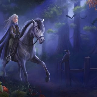 a painting of a woman riding on the back of a white horse through a forest Star Stable Halloween 1920x1080 Harry Potter Horse Patronus, Wizard School Background Hd, Thestral Carriage, dark slate gray