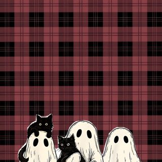 three black cats are sitting in front of ghost costumes on a red and black checkered background Cute Retro Style Halloween Black Cats Spooky Fall Phone, Halloween Lock Screen, Halloween Ipad Backgrounds, saddle brown