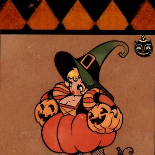 an image of a child dressed as a witch with pumpkins 70s Halloween Iphone Halloween Vintage, Vintage Halloween Backgrounds Iphone, Cute Retro Halloween, saddle brown