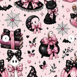 a pink background with black and white cats, bats, and pumpkins on it Halloween Plaid Pink Custom gainsboro