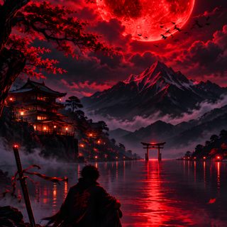 a red full moon over a lake with mountains in the background Red Moon Halloween Red 4k, Dark Red Theme Aesthetic, 4k 8k, Red Moon, Blood Moon, Moon Glow, black