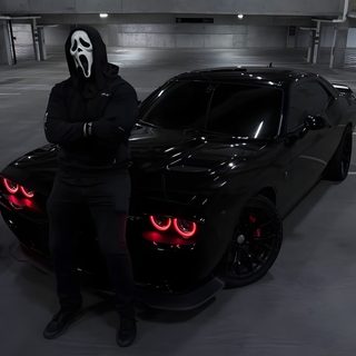 a man in a black hoodie standing next to a black sports car with red eyes Halloween Hellcat Demon Killer Car, Black Demon Hellcat, Black Ghost Hellcat, Hellcat Guy, Goth Hellcat,