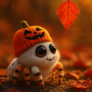 a cute little spider wearing a knitted hat and sitting on the ground next to an orange leaf Cute Halloween Spider saddle brown