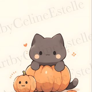 a black cat sitting on top of a pumpkin with a small pumpkin in front of it Kawaii Cute Halloween Cat Cute Cat Fall Background, Kawaii Fall Cat, Black Cat And Pumpkin, seashell