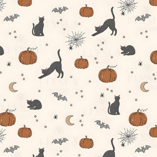 cats and pumpkins on a white background with the name elysa written in orange Halloween - Bats And Cats - Cream Pumpkin Moon, Digital Decorations, Repeat Prints, Halloween Charms, linen