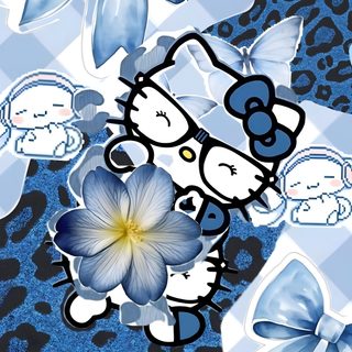 a blue and white checkered background with an image of hello kitty Blue Hello Kitty Halloween light steel blue