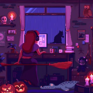 a woman in a room decorated for halloween 8 Bit Halloween Halloween-themed Pixel Art Room, Halloween Laptop Gif, Halloween Live Pc, dark slate gray