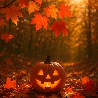 a jack - o'- lantern pumpkin in the middle of leaves with sun shining through Halloween Orange Pumpkin Fall And Halloween, Autumn Halloween Background, Jack O Lantern Background, saddle brown