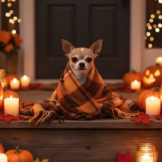 a small dog wrapped in a blanket sitting on the steps with pumpkins and candles Halloween Chihuahua Cute Dog Autumn Setting, Fall Dog Pictures, Dog Fall Pictures, saddle brown