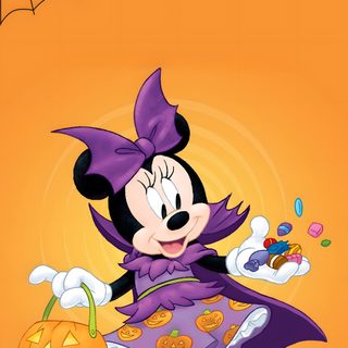 a cartoon mickey mouse dressed as a witch with a pumpkin in her hand and a spider web hanging from the ceiling Minnie Halloween Mickey Mouse Halloween Iphone, Minnie Halloween, Background Mickey Minnie Halloween, goldenrod
