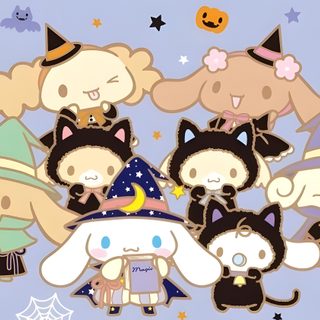 an image of halloween cats and witches with the words happy halloween written in it's center Cinnamoroll Halloween Ipad Cinnamon Halloween Costume, Cinnamon Roll Sanrio Halloween, Happy Halloween Cinnamoroll Halloween, light steel blue