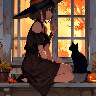 a woman in a witch costume sitting on a porch with her cat and pumpkins Anime Halloween Aesthetic Halloween Witch And Cat, Ghibli Witch, Cute Witch Aesthetic, dark olive green