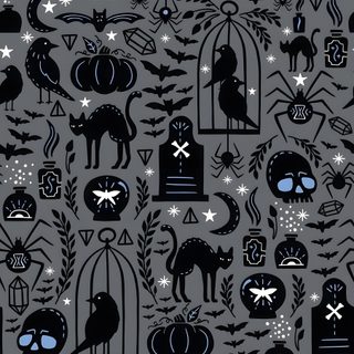 a black and white pattern with cats, birds, and bats Gothic Halloween Pattern In Black And Gothic Christmas Phone, Spooky Winter Phone, Gothmas Phone, dim gray