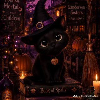 a black cat wearing a witches hat sitting on top of books in front of a full moon Halloween Witch Cats Custom black