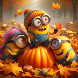 two minion characters sitting on top of a pumpkin in the middle of autumn leaves Minions Halloween Minions Halloween, Spooky Minion, Minions Halloween Background, Minion Thanksgiving, sienna