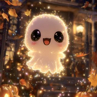 a cute little ghost is standing in front of some pumpkins and lights at night Baby Halloween Cute Halloween, Spooky Kids, Kawaii Ghost, Halloween Popcorn Mix, saddle brown