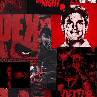 a collage of different movie posters with the names of characters in red, black and white Dexter Halloween Dexter, Scary Images, Dexter Morgan, black