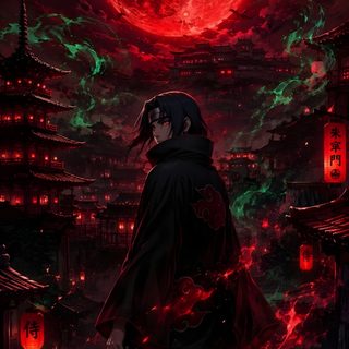 a man standing in front of a red moon Itachi Uchiha Halloween black