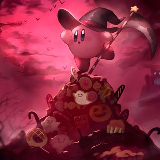 a cartoon character standing on top of a pile of skulls in front of a pink sky Kirby Halloween 4k Kirby Aesthetic Desktop, Kirby Laptop, Kirby Pc, Kirby Halloween Official Art, brown