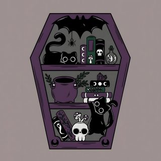 an image of a shelf with halloween items on it's shelves in the shape of a octagon Cute Halloween Coffin Coffin Cartoon Drawing, Cute Coffin, Coffin Drawings Cute, rosy brown