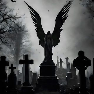 an angel statue surrounded by tombstones and trees Gothic Halloween All Gray Grey By Angel Darkness Angel, Dark Graveyard, Dark Cemetery Aesthetic,