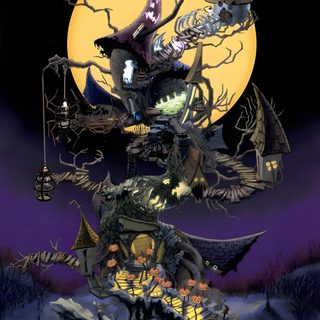an image of a halloween scene with pumpkins and bats on the tree in front of a full moon Kingdom Hearts Halloween Nightmare Before Christmas Castle, Nightmare Before Christmas Tower, Nightmare Before Christmas Town, dark slate gray