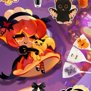 halloween stickers are arranged on a purple background with pumpkins, cats and other decorations Crk Halloween Pumpkin Pie Cookie, Pumpkin Pie Cookies, Cookie Pie, Fun Cookies, Cookie Run, Pie, dim gray