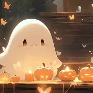 a group of ghost candles sitting on top of a table Cute Ghost Halloween Desktop Halloween Cute, Ghost Pc, Cute Halloween Pc, Cute Desktop, dark olive green