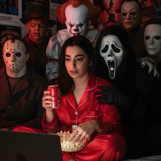 a woman sitting in front of a laptop computer while surrounded by halloween masks and movies Halloween Costumes Ring Horror, Halloween Gif, Halloween Photoshoot, Human Reference, Orange Cats, black