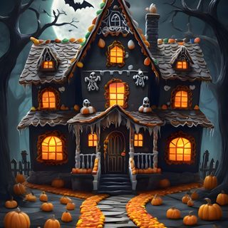 a halloween house with pumpkins on the ground Halloween House Ideas Paper Piecing, Halloween, dark slate gray