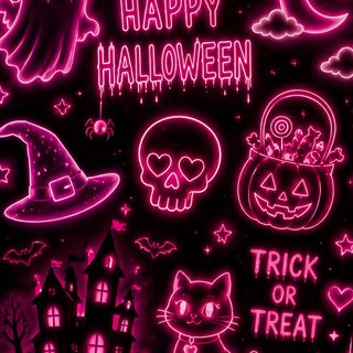 neon halloween wallpaper with cats, bats and pumpkins Neon Halloween Pattern black