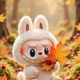 a stuffed animal holding an autumn leaf in the woods Halloween Labubu Labubu Live With Flashlight, Labubu 4k, Live Iphone Labubu, Labubu Phone, dark khaki