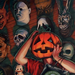 a painting of a person holding a pumpkin in front of many other halloween masks on the wall Halloween Iii Season Of The Witch Trick R Treat, Trick R Treat Movie, Trick Or Treat Horror Movie, dark slate gray