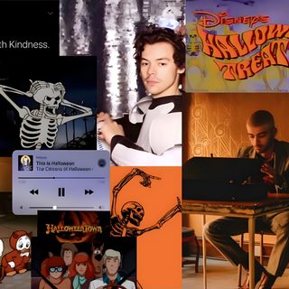a collage of photos with various people and musical instruments in the middle one has a skeleton on it One Direction Halloween Halloween Music Playlist, Halloween Party Decoration Ideas, Harry Styles Halloween Collage, saddle brown