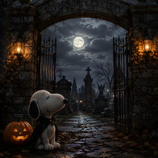 a dog with a jack - o'- lantern pumpkin sitting in front of an entrance Peanuts Halloween black