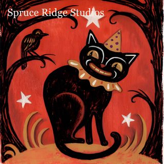 a black cat wearing a party hat and sitting in front of a tree with birds on it Johanna Parker Halloween Johanna Parker, Johanna Parker Halloween Printable, Johanna Parker Moon, brown