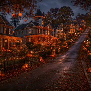 a street decorated for halloween with lots of pumpkins on the trees and lights all around Halloween Town 4k Halloween Town Aesthetic, Spooky Town, Halloween Trees, Halloween Quotes, black