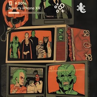 an advertisement for the 13th halloween is cool, with images of people and monsters on them Ios 16 Aesthetic Halloween Ios Halloween, Halloween Layout, Halloween Ios 16 Lockscreen, black