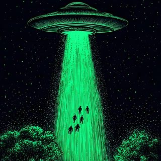 an alien ship flying through the night sky over a green field with trees and houses Alien Halloween Aliens And Ufos, Pop Art, Psicodelico, Ufo Phone, Abstract Art, Psy Art, black