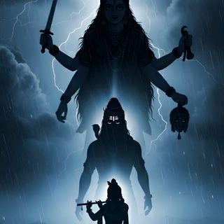 the movie poster for avatar, featuring two characters in front of a lightning sky with clouds Halloween Kali 2 Shiv Kali, Kali Ma And Shiva, Lord Shiva And Maa Kali, Shivratri, Kali Shiva, dark slate gray