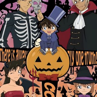 an anime poster with people dressed up as witches, skeleton and other characters on it Detective Conan Halloween Anime Halloween Official Art, Poster Conan, Detective Conan Christmas, dark olive green