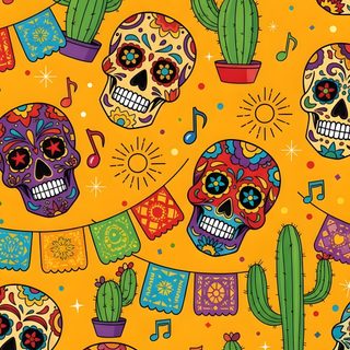 colorful skulls and cacti on an orange background Mexican Halloween Halloween, Aesthetic Backgrounds, Aesthetic Design, Design, goldenrod
