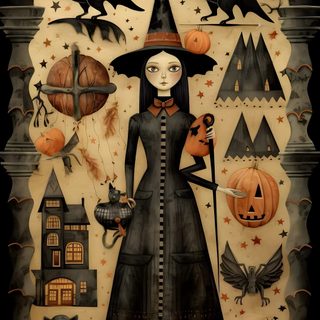 a painting of a woman dressed as a witch with pumpkins and cats around her Old Fashioned Halloween Vintage Halloween Witch, Holidays Halloween, Pumpkin People, dark olive green