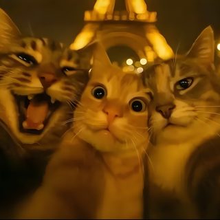 three cats with their mouths open in front of the eiffel tower Trio Halloween Trio Cat Pic, 3 Besty, Trio Profiles, 3 Cats, 3 Cats Aesthetic, saddle brown