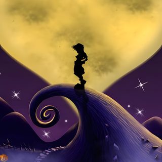 a person standing on top of a wave in front of a heart shaped sky with stars Halloween Town Sora Kingdom Hearts Nightmare Before Christmas, Kingdom Hearts Sora Nightmare Before Christmas, Kingdom Hearts Town Background, dim gray