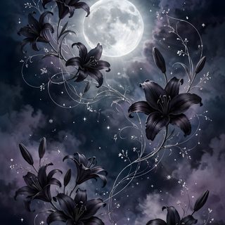 the night sky is full of stars and flowers, as well as a full moon Moonlight Flowers Halloween Floral dark slate gray