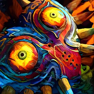 an abstract painting of a colorful animal with large eyes and long horns, on a black background Halloween Zelda Majoras Mask Art, All Spiderman, Zelda Tattoo, Legend Of Zelda Characters, dark slate gray