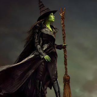 a wizard holding a broom on top of a rock Wicked Halloween Witch From Wicked, Wicked Oz, Elphaba Wicked 2, Elphaba Broom, dark slate gray