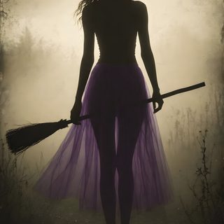 a woman in a purple dress holding a broom and wearing a witches hat with her hands Gothic Halloween Witch dark slate gray