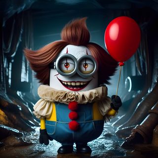 a creepy clown holding a red balloon Wrecking Ball Halloween 4k Halloween Minion Rush, Minions Halloween, Minion Clown, Demon Minion, black